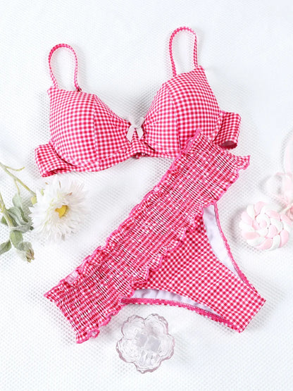 Swimwear- Floral and Plaid String Bikini - Cherry Print 2 Piece Swimwear- Red Plaid- Pekosa Women Fashion