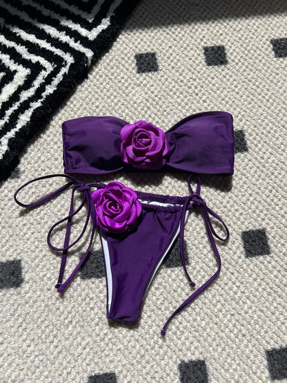 Swimwear- Flower Appliqué Bandeau Bra & Tie-Side Bikini 2 Piece Set for Women- Purple- Chuzko Women Clothing