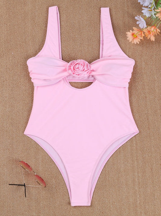 Swimwear - Flower Applique Swimwear One-Piece Swimsuit with Bandeau Bra