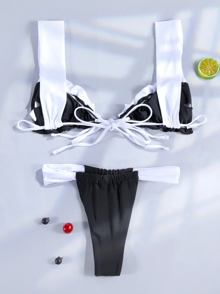 Swimwear - Frill-Edge Bikini in Monochrome Beachwear 2 Piece Swimsuit