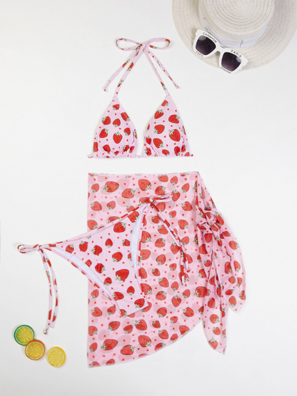 Swimwear- Fruity Print 3-Piece Bikini Set with Matching Cover-Up- - Pekosa Women Fashion