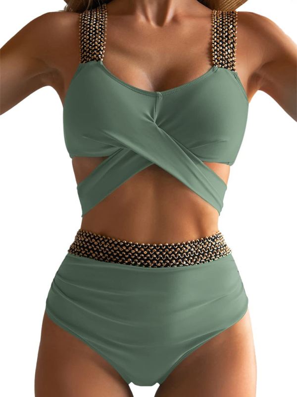 Swimwear- Golden Women's High-Waisted Bikini Set with Contrast Straps & Twist Bra- Green- Pekosa Women Fashion