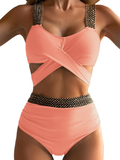 Swimwear- Golden Women's High-Waisted Bikini Set with Contrast Straps & Twist Bra- Lotus root Pink- Pekosa Women Fashion