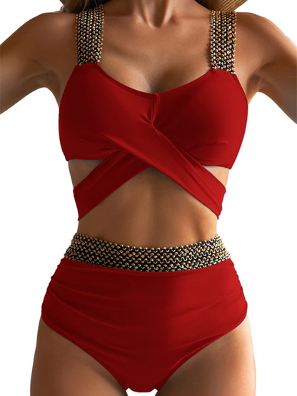 Swimwear- Golden Women's High-Waisted Bikini Set with Contrast Straps & Twist Bra- Red- Pekosa Women Fashion