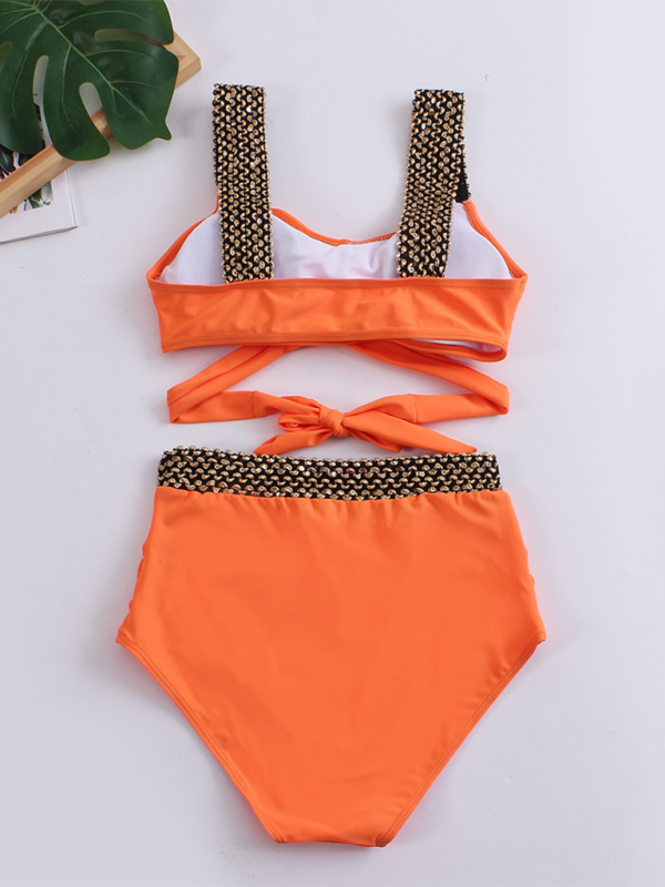 Swimwear- Golden Women's High-Waisted Bikini Set with Contrast Straps & Twist Bra- - Pekosa Women Fashion