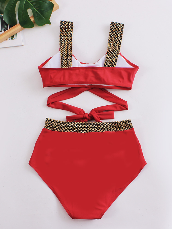 Swimwear- Golden Women's High-Waisted Bikini Set with Contrast Straps & Twist Bra- - Pekosa Women Fashion