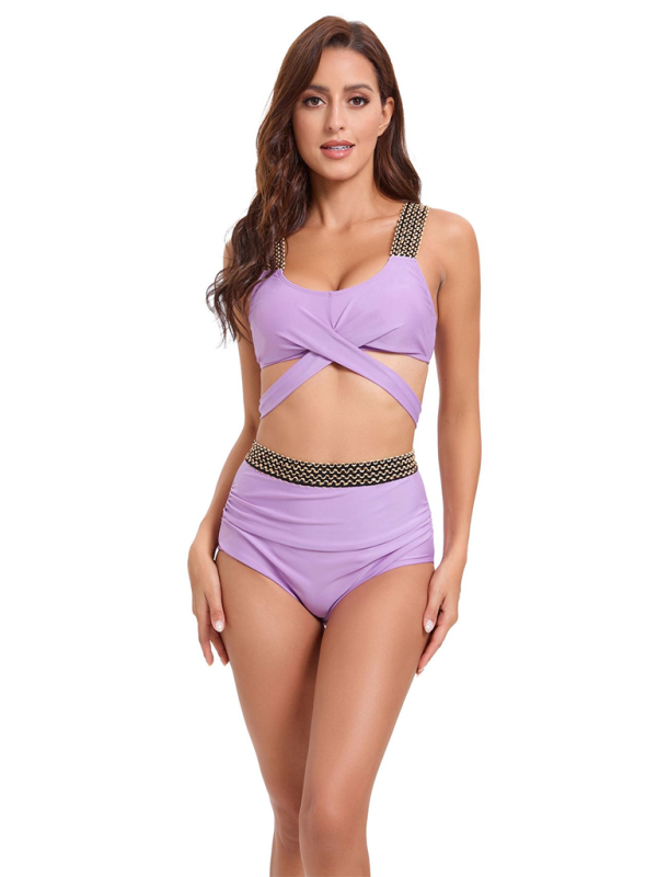 Swimwear- Golden Women's High-Waisted Bikini Set with Contrast Straps & Twist Bra- Lavender- Pekosa Women Fashion