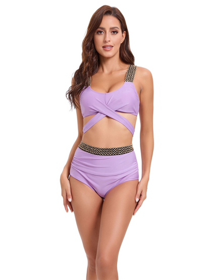 Swimwear- Golden Women's High-Waisted Bikini Set with Contrast Straps & Twist Bra- Lavender- Pekosa Women Fashion