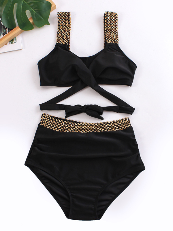 Swimwear- Golden Women's High-Waisted Bikini Set with Contrast Straps & Twist Bra- - Pekosa Women Fashion