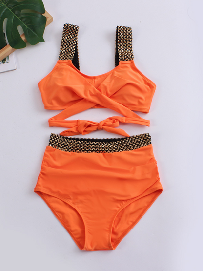 Swimwear- Golden Women's High-Waisted Bikini Set with Contrast Straps & Twist Bra- Orange- Pekosa Women Fashion