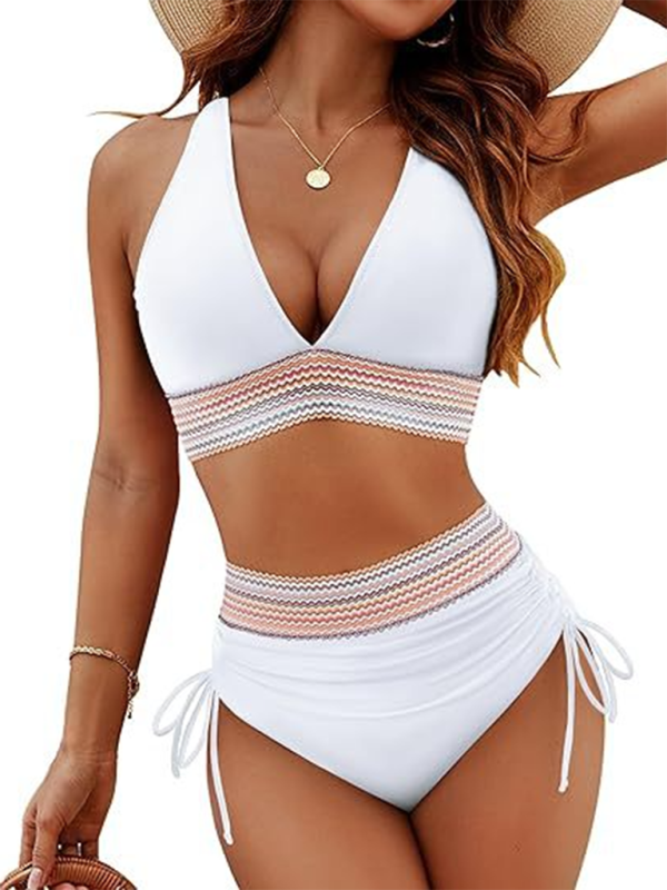 Swimwear- Halter Top & High-Waisted Bikini - Two-Piece Swimsuit- White- Pekosa Women Fashion