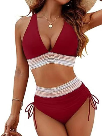 Swimwear- Halter Top & High-Waisted Bikini - Two-Piece Swimsuit- Wine Red- Pekosa Women Fashion