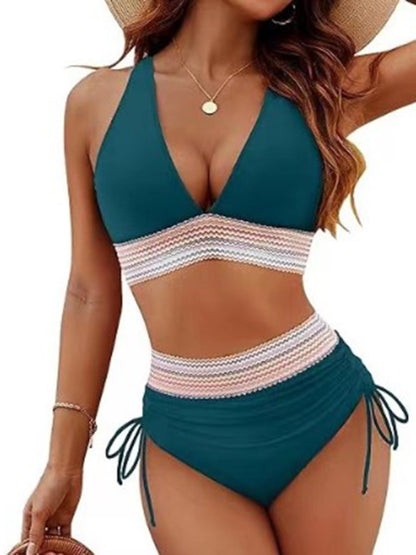 Swimwear- Halter Top & High-Waisted Bikini - Two-Piece Swimsuit- Peacock blue- Pekosa Women Fashion