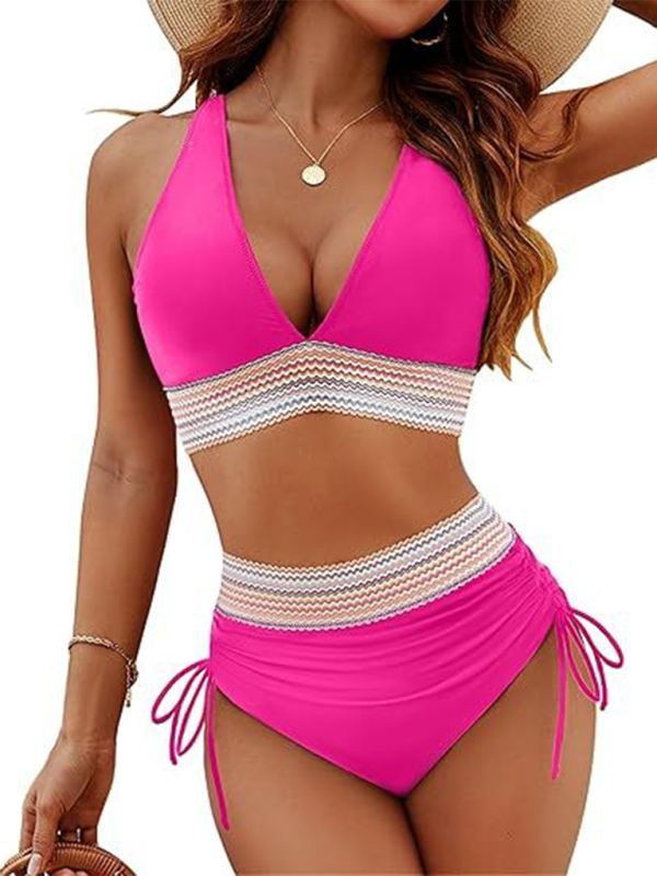 Swimwear- Halter Top & High-Waisted Bikini - Two-Piece Swimsuit- Rose- Pekosa Women Fashion