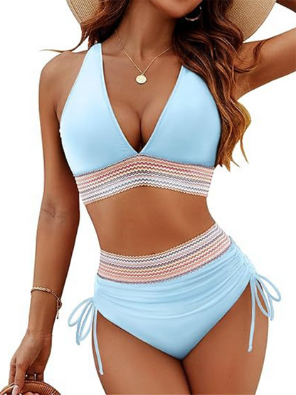 Swimwear- Halter Top & High-Waisted Bikini - Two-Piece Swimsuit- Sky blue azure- Pekosa Women Fashion