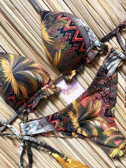 Swimwear- Hawaiian Print Triangle Bra & Bikini 2 Piece Set for Women- - Chuzko Women Clothing