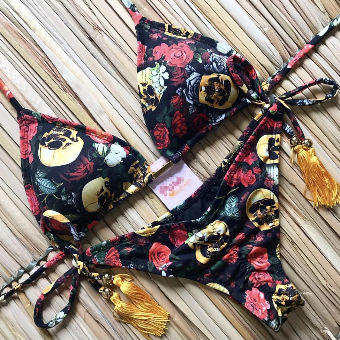 Swimwear- Hawaiian Print Triangle Bra & Bikini 2 Piece Set for Women- - Chuzko Women Clothing