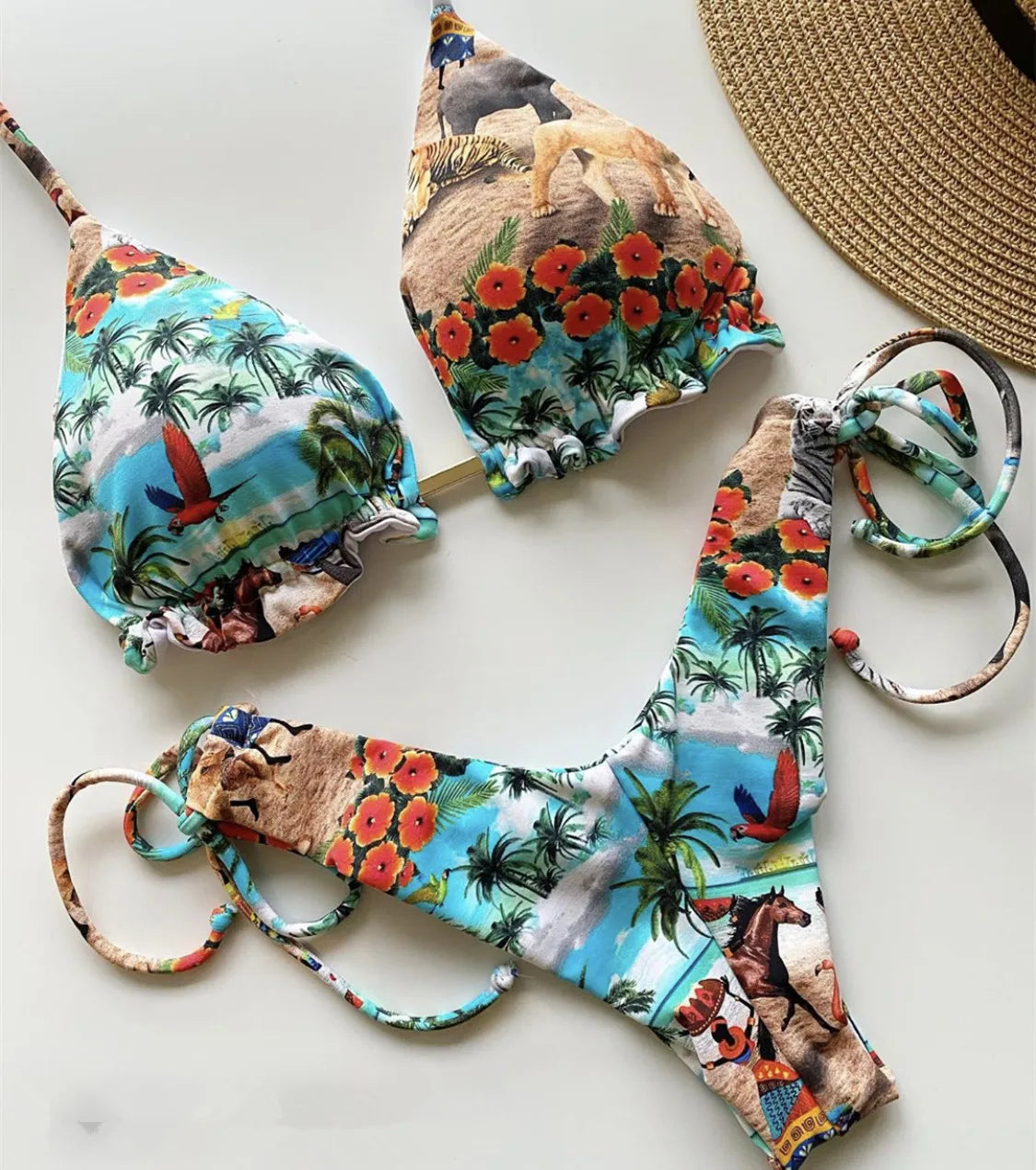 Swimwear- Hawaiian Print Triangle Bra & Bikini 2 Piece Set for Women- - Chuzko Women Clothing