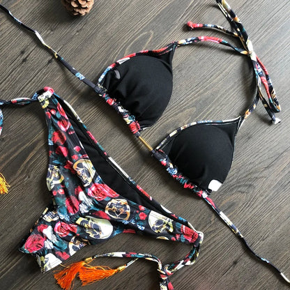 Swimwear- Hawaiian Print Triangle Bra & Bikini 2 Piece Set for Women- - Chuzko Women Clothing