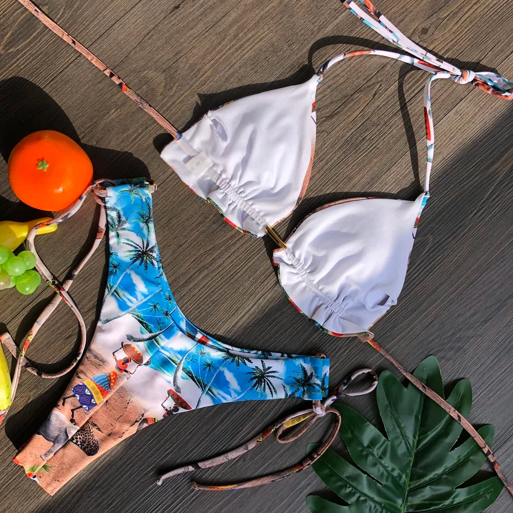 Swimwear- Hawaiian Print Triangle Bra & Bikini 2 Piece Set for Women- - Chuzko Women Clothing