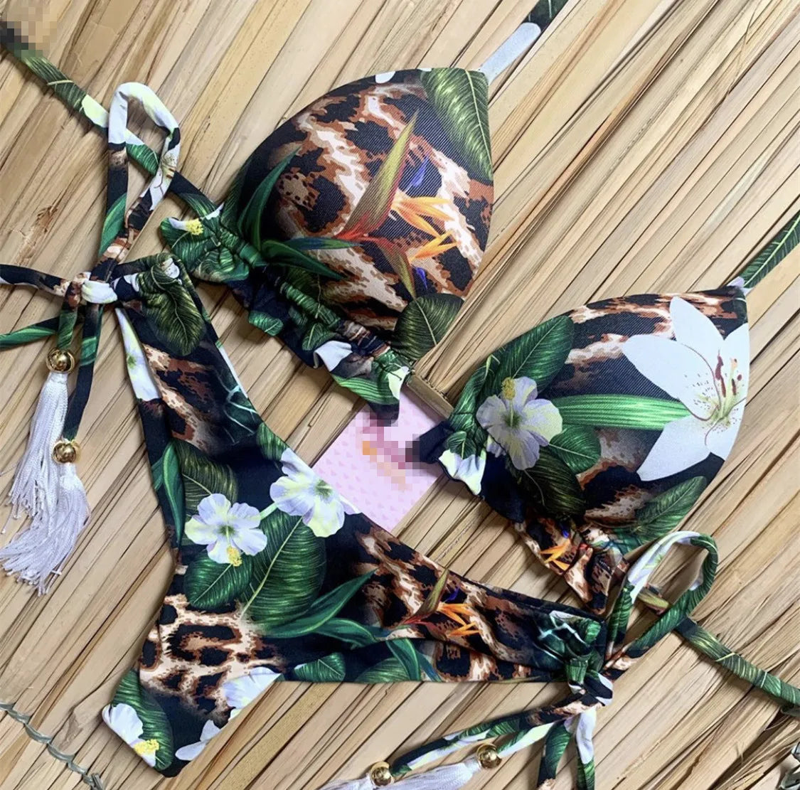 Swimwear- Hawaiian Print Triangle Bra & Bikini 2 Piece Set for Women- - Chuzko Women Clothing