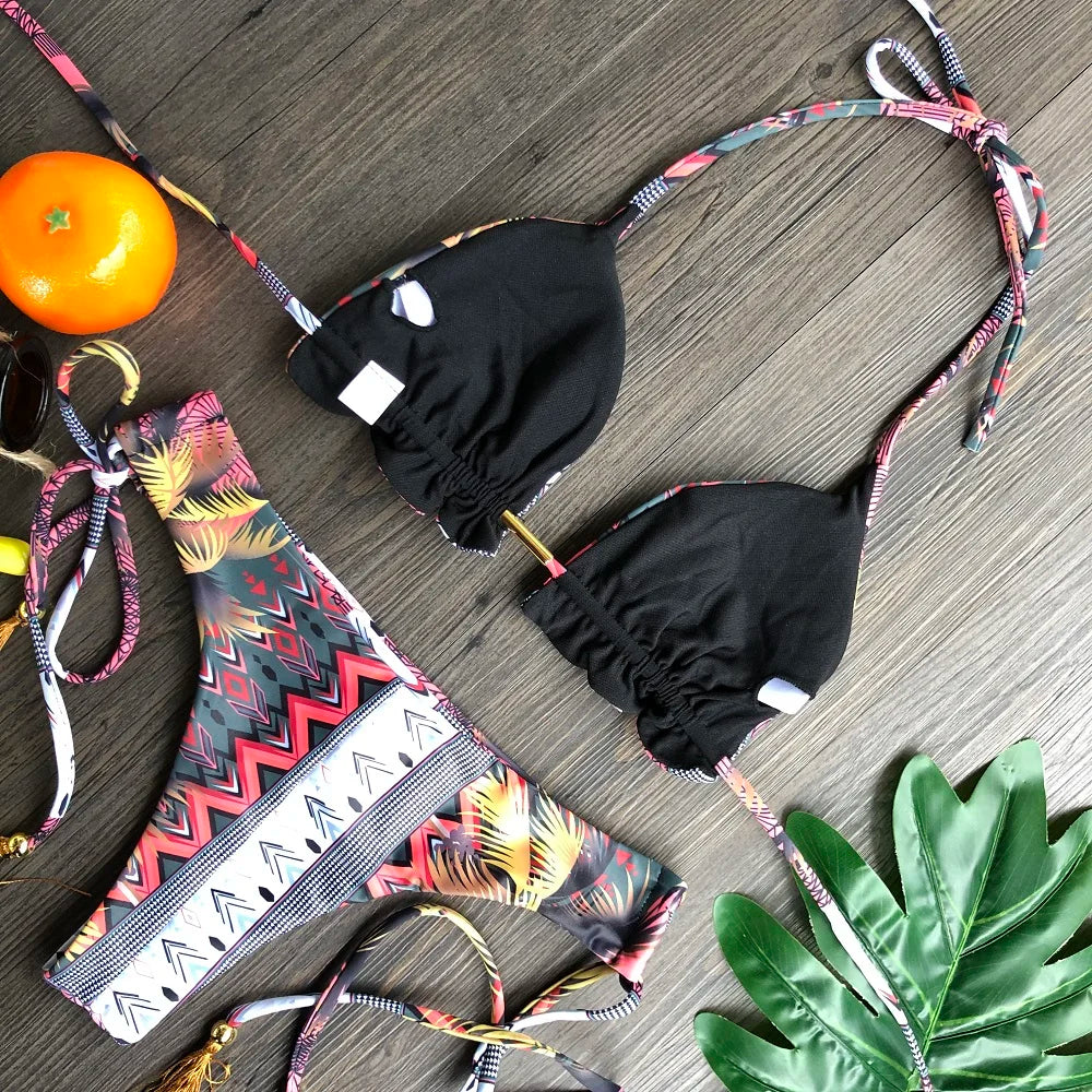 Swimwear- Hawaiian Print Triangle Bra & Bikini 2 Piece Set for Women- - Chuzko Women Clothing