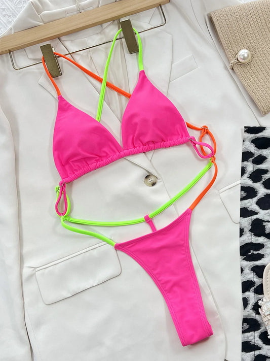 Swimwear - Hot Pink Beachwear T-String with Triangle Bra One Piece Swimwear