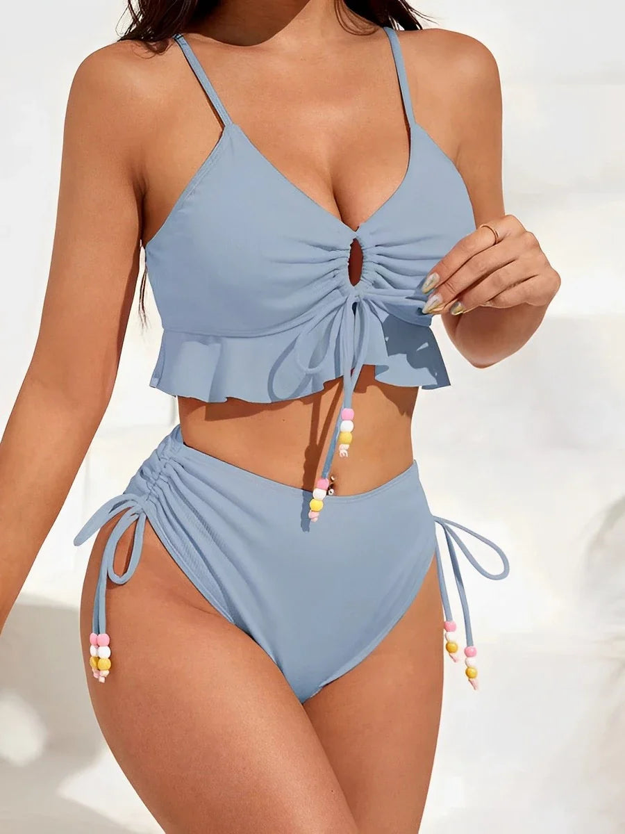 Swimwear- Lavender Ruched Two-Piece Lilac Swimsuit with Colorful Beads- Grey- Pekosa Women Fashion