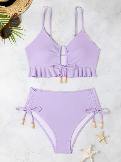 Swimwear- Lavender Ruched Two-Piece Lilac Swimsuit with Colorful Beads- Purple- Pekosa Women Fashion