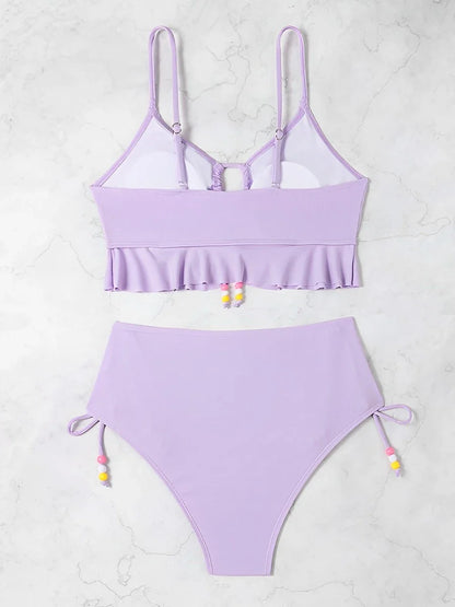 Swimwear- Lavender Ruched Two-Piece Lilac Swimsuit with Colorful Beads- - Pekosa Women Fashion