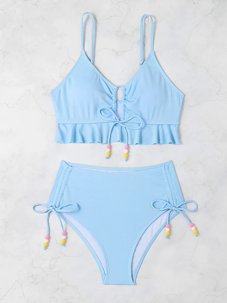 Swimwear- Lavender Ruched Two-Piece Lilac Swimsuit with Colorful Beads- Blue- Pekosa Women Fashion