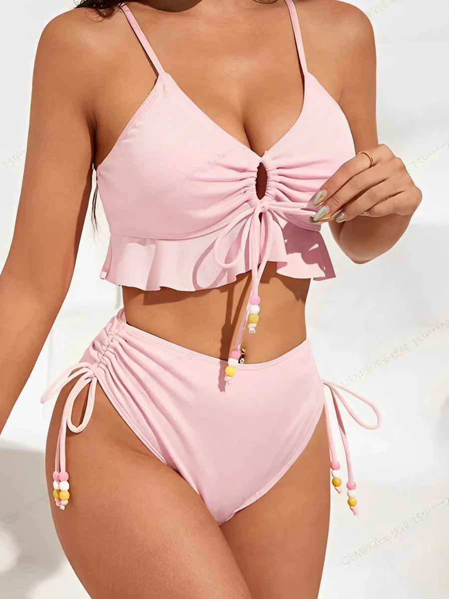 Swimwear- Lavender Ruched Two-Piece Lilac Swimsuit with Colorful Beads- Pink- Pekosa Women Fashion