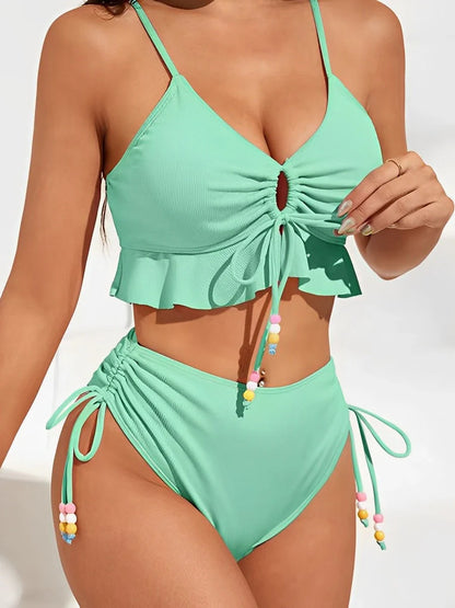 Swimwear- Lavender Ruched Two-Piece Lilac Swimsuit with Colorful Beads- Green- Pekosa Women Fashion