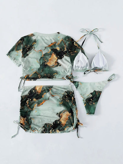 Swimwear- Marble Print 4-piece Swimwear Bikini and Cover-Ups- - Pekosa Women Fashion