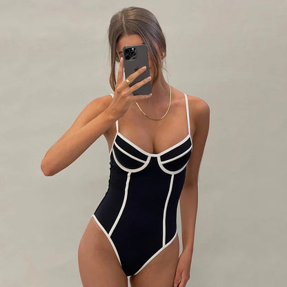 Swimwear- Monochrome One-Piece Swimsuit with Contrast Trim in Black & White- Black- Pekosa Women Fashion