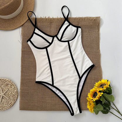 Swimwear- Monochrome One-Piece Swimsuit with Contrast Trim in Black & White- - Pekosa Women Fashion