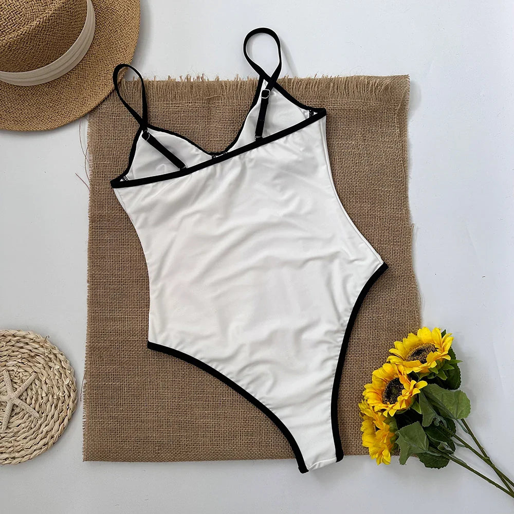 Swimwear- Monochrome One-Piece Swimsuit with Contrast Trim in Black & White- - Pekosa Women Fashion