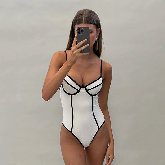Swimwear- Monochrome One-Piece Swimsuit with Contrast Trim in Black & White- White- Pekosa Women Fashion