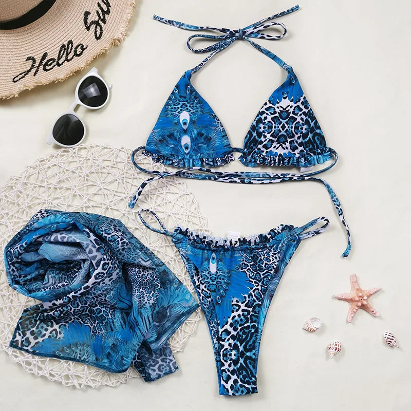 Ocean-Inspired Halter Bra & Bikini Set with Matching Cover-Up