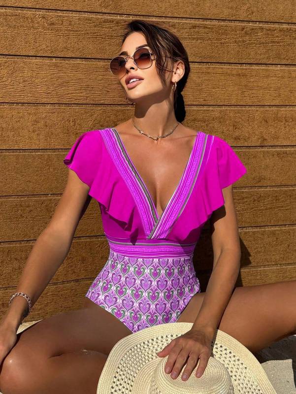 Swimwear - Paisley One-Piece Tummy Control Bathing Suit Cap Sleeve Swimwear