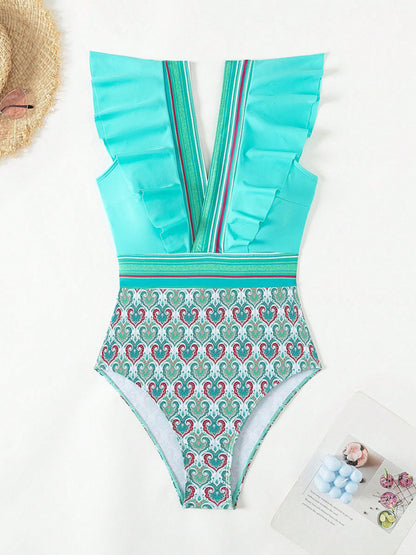 Swimwear - Paisley One-Piece Tummy Control Bathing Suit Cap Sleeve Swimwear