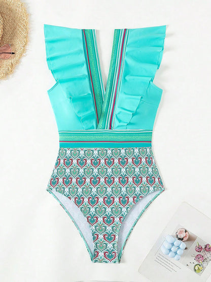 Swimwear - Paisley One-Piece Tummy Control Bathing Suit Cap Sleeve Swimwear