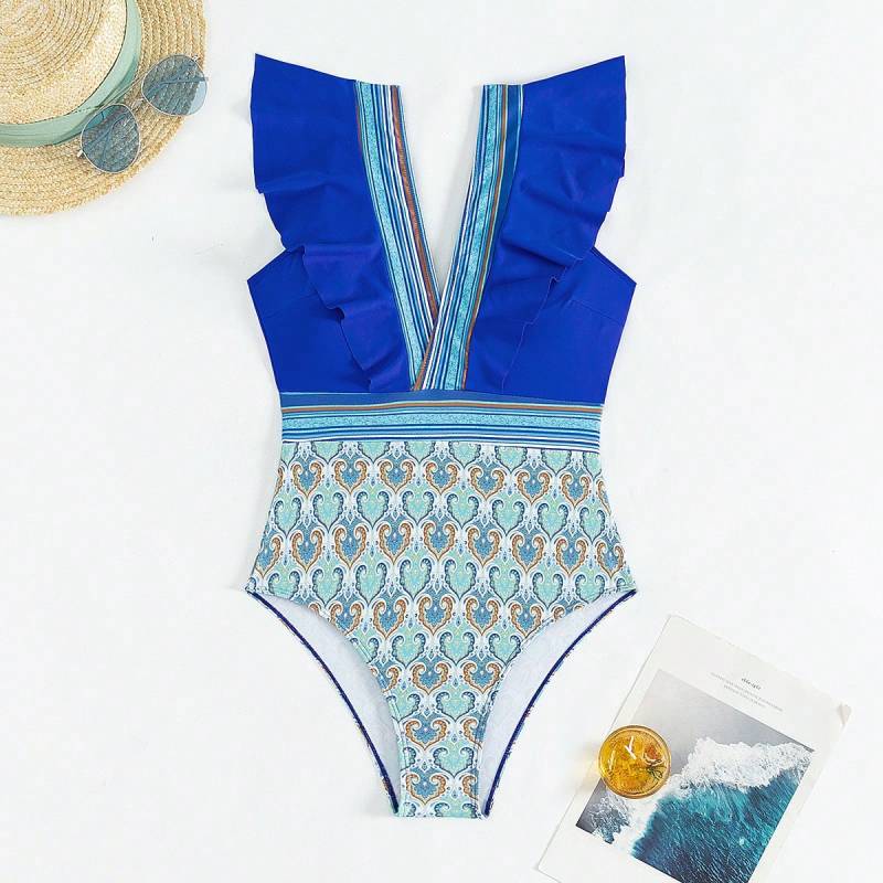 Swimwear - Paisley One-Piece Tummy Control Bathing Suit Cap Sleeve Swimwear