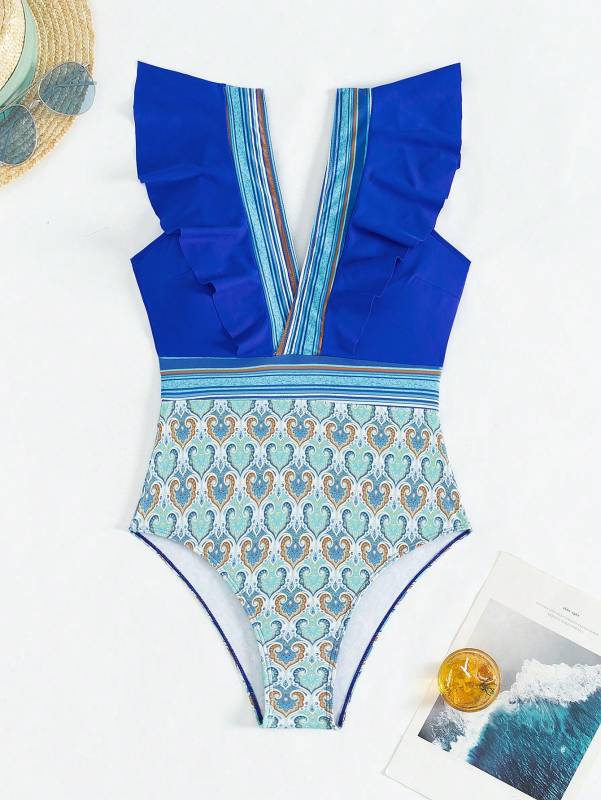 Swimwear - Paisley One-Piece Tummy Control Bathing Suit Cap Sleeve Swimwear