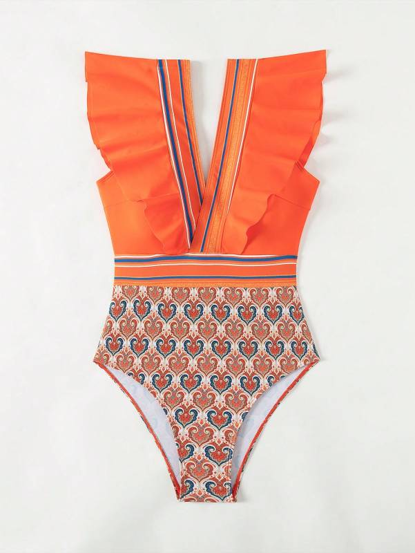 Swimwear - Paisley One-Piece Tummy Control Bathing Suit Cap Sleeve Swimwear