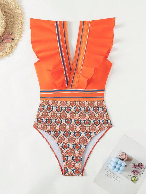 Swimwear - Paisley One-Piece Tummy Control Bathing Suit Cap Sleeve Swimwear