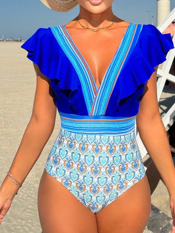 Swimwear - Paisley One-Piece Tummy Control Bathing Suit Cap Sleeve Swimwear