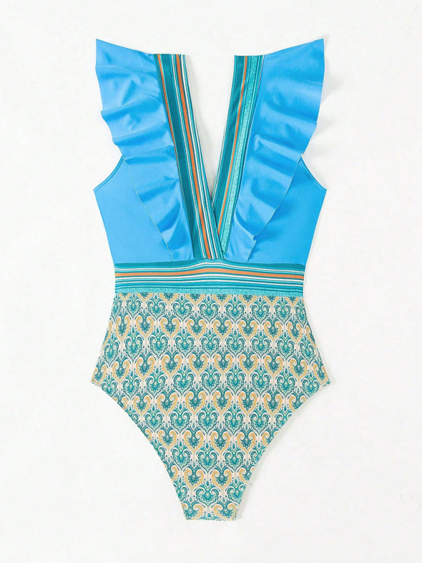 Swimwear - Paisley One-Piece Tummy Control Bathing Suit Cap Sleeve Swimwear