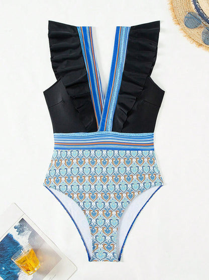 Swimwear - Paisley One-Piece Tummy Control Bathing Suit Cap Sleeve Swimwear