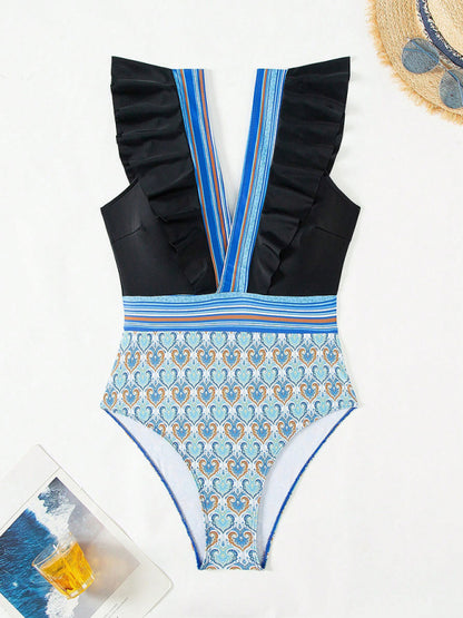 Swimwear - Paisley One-Piece Tummy Control Bathing Suit Cap Sleeve Swimwear